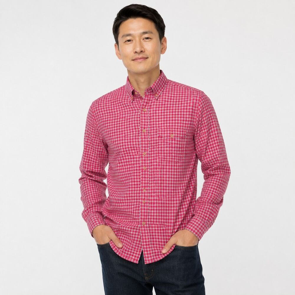 J.Crew Slim Shirt MENS S Red Gray Gingham Cotton Button Down Preppy Americana